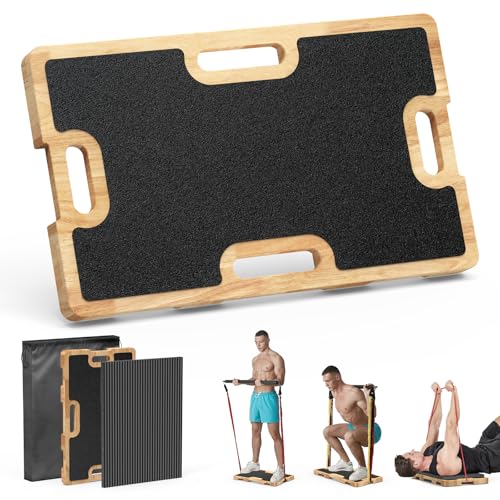 Wooden Fitness Board - Resistance Band Workout Footplate with Foa...