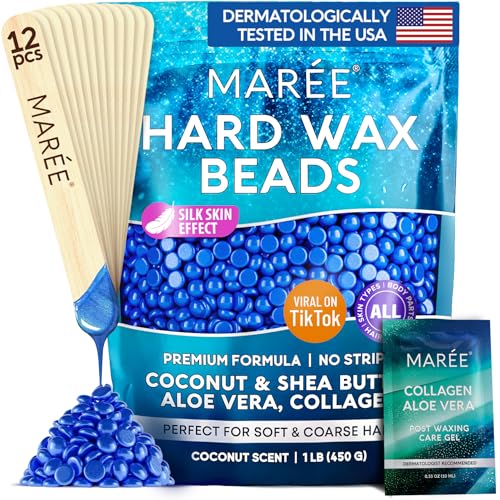 MAREE Hard Wax Beads - Hair Removal Kit with Marine Collagen Shea Butter & Aloe Vera - Body & Bikini - For Sensitive Skin - 450G
