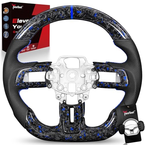 TESFEEL Forged Carbon Fiber Steering Wheel or Mustang 2015-2017, Blue Foil Infused, Blue Stitching, D-Shape, Perforated Nappa Leather, Fits for EcoBoost/GT/V6/GT350/GT350R