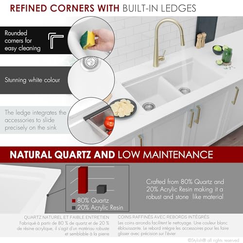 Image of Stylish 33 x 18 Inch Composite Granite Workstation Kitchen Sink, Double Bowl Under Mount & Drop in, 9.5 in Deep, with Bamboo Cutting Board, Roll-Up Drying Rack, Colander & Strainers, White, S-833WH