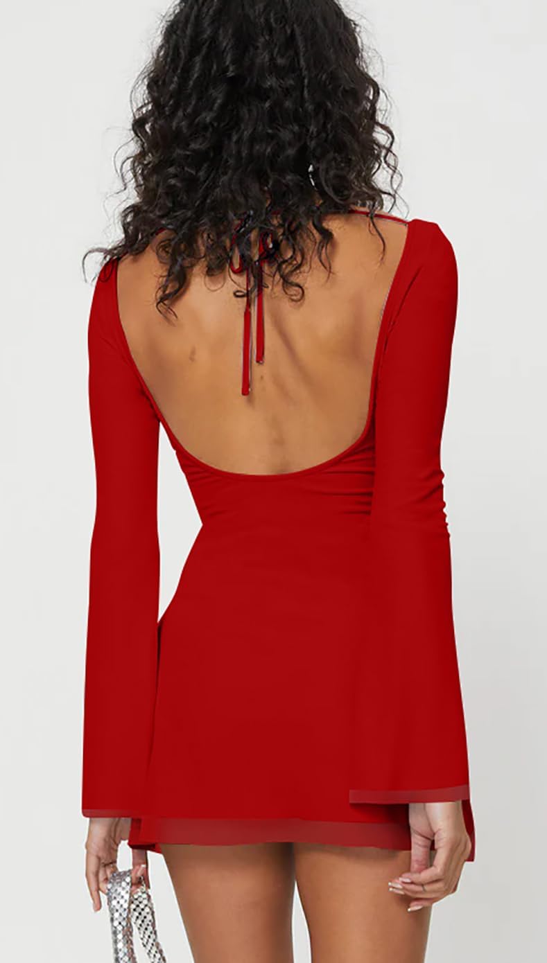 GOBLES Women's Sexy Long Flare Sleeve Boat Neck A-line Mini Cocktail Party Dress - Image 4