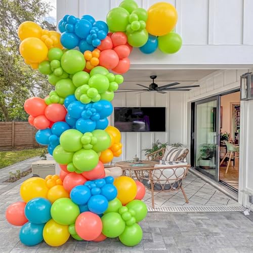 Image of Blue Green Orange Balloons, 60 Pcs 12 Inch Teal Blue Retro Orange Fruit Green Mustard Yellow Peacock Dino Latex Balloons for Cartoon Dinosaur Theme Boy Birthday Baby Shower Party Decoration Supplies