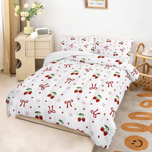 Image of AILONEN Sweet Fruit Comforter Full 3 Piece Coquette Ribbon Bedspread Red Cherry Style Print Quilt Cute Room Decoration White Patterned Padded Cover 2 Shams