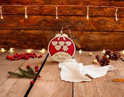 Laser Amore Large Personalised Christmas Bauble - Red Glitter Wooden Hanging Xmas Tree Decoration with Family and Pets Names, Family Christmas Ornament Gift - Perfect for Xmas Decorations