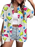 80s 90s Outfits Women Hawaiian Retro Birthday Party Button Down Shirts Disco Neon Short Sleeve Blouse Tops A S