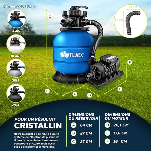 tillvex® Système de Filtre à Sable 7.900L/h + 400g Boules de Filtre | 7 Fonctions de Filtration & Adaptateur 2en1 Ø32-38mm | Filtre de piscine avec indicateur de pression (Bleu) – vue 7