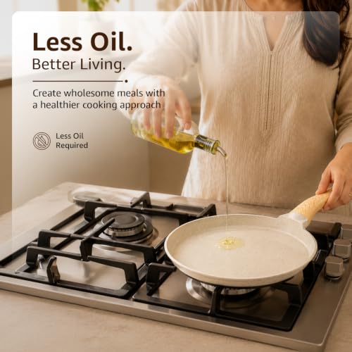 Image of Amazon Basics Ceramic Non Stick Cookware Set 3 Pieces | 28cm Dosa Tawa, 24cm Fry Pan, 24cm Kadai with Glass Lid (2.3L) | Gas & Induction Compatible | Wooden Finish Bakelite Handle | Ivory
