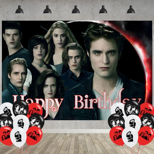 The Saga of Twilight Birthday Party Decoration,Movie Party Photo Background 5 x 3 FT and 18 Pcs Balloon,Vampire Merch Party Backdrop Supplies