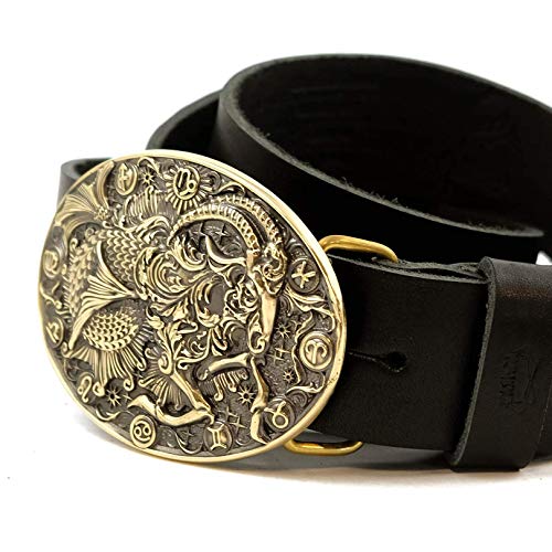 Leather belt with Capricorn belt buckle, Capricorn Sea Goat Horoscope Astrological Zodiac Sign solid brass belt buckle on leather belt