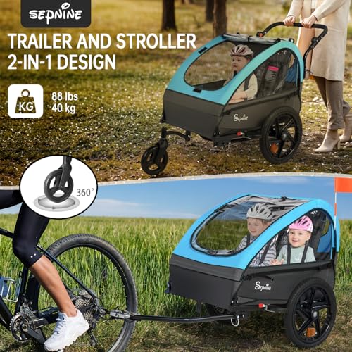 Image of Sepnine Kids Bike Trailer, 2 in1 Canopy Carrier Converts to Stroller Suitable for 1 to 2 Kids, 12+ Months, Quick Attach to Bike, Foldable, with 5-Point Harness and Storage Bags