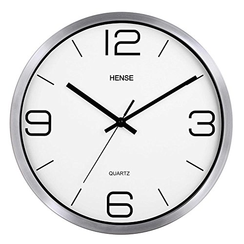 Reloj de pared HENSE, moderno y elegante, mecanismo silencioso, redondo y de metal, funciona con pilas, 30 cm, metal, Silver Frame With White Dial, 11.8 *11.8 * 1.8(in)