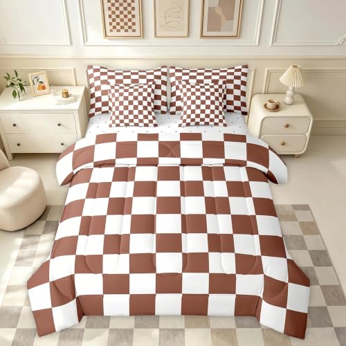 Image of Feelyou Checkered 7 Piece Bedding Set Teen Coffee Brown White Plaid Comforter Set with Sheets Twin Size Kids Boys Cute Retro Neutral Checkerboard Geometric Bed in a Bag Vintage Aesthetic Room Decor