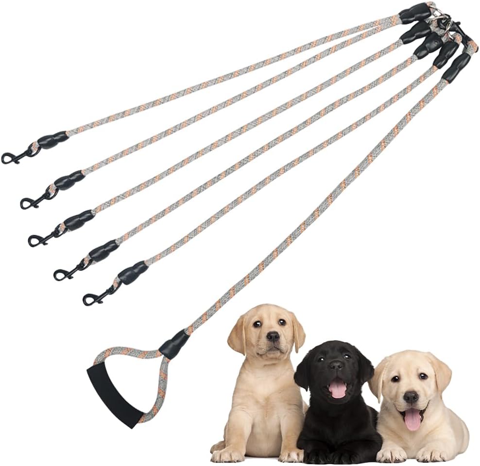 5 Dog Leash, Reflective Heavy Duty Five Way Dog Leash, Suitable for All Types of Dogs, Multiple Dog Leash, 360° Swivel Tangle Free with Comfortable Handle, Support Add to Multiple Rope, Orange
