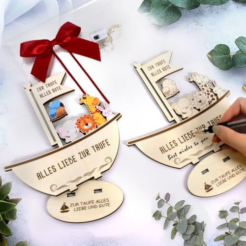 Taufgeschenke für Jungen und Mädchen mit LED Lichterkette, Alles Liebe zur Taufe, Holz Boot mit Basis, Geschenke Baby,Geburt Taufe Geldgeschenk, Geschenk zur Taufe Junge Mädchen (Buntes)