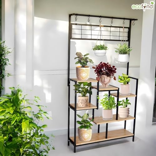 Image of ecofynd Elara Shelf Plant Stands for Outdoor Balcony, Flower Pot Stand for Indoor Plants, Large Metal Planter Stand for Living Room, home decor, Indoor & Outdoor plants, 6 Tier, (PS042-BLK)