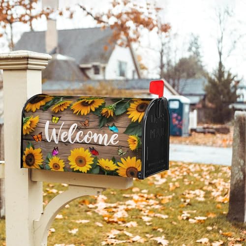 Image of Mailbox Covers Magnetic Standard Size,Sunflowers Butterfly on Rustic Wooden Board Spring Summer Welcome Magnetic Mailbox Covers for Holiday Garden Yard Outside Decor 18 inchx21 inch