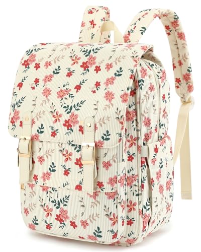 Image of Corduroy Laptop Backpack for Women, Fits 15.6 Inch Computer Bag, College High School Bookbag Travel Daypack Purse, Work Business Bags - Beige Corduroy Flowers Pink