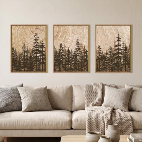 BICERE Modern Pine Tree Framed Canvas Wall Art,Natural Woodland Wall Decor,Vintage Brown Rings Painting,Neutral Forest Landscape Artwork for Living Room,Bedroom,Kitchen,Study,Office - 12"x16"x3