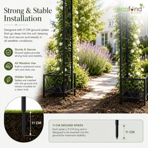 Image of ecofynd 8 Feet High x 5 Feet Wide Graden Arch Plant Stand, Metal Arbor Trellis for Climbing Plants, Backdrop Stand for Outdoor Indoor Wedding Lawn Backyard Party Decoration Items, Patio (GARCH002-BLK)