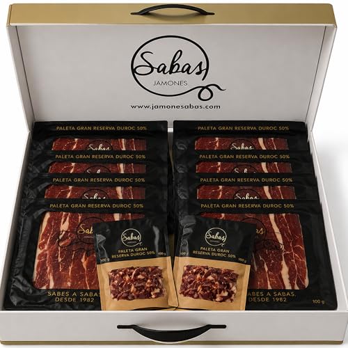 SABE A SABAS Paleta Gran Reserva Duroc 50% Cortada a Cuchillo 10 Sobres 100g con 2 Taquitos 100g Estuche Gourmet Regalo Jamon Curado Loncheado Tabla Aperitivo Navidad Evento Familiar Cesta Exclusiva