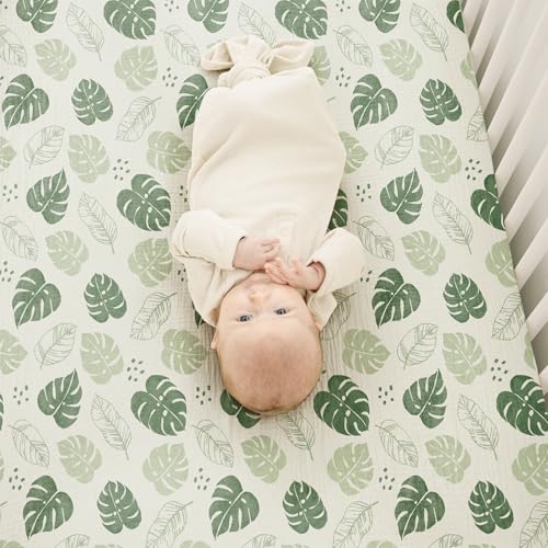 Image of Konssy Muslin Crib Sheets for Boys, Soft Cotton Neutral Baby Sheets for Standard Crib Mattress 2 Pack, 52 inchx28 inch (Sage Green,Leaf)