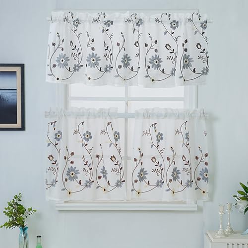Visillo de cocina moderno KnSam de poliéster bordado con motivos botánicos 5