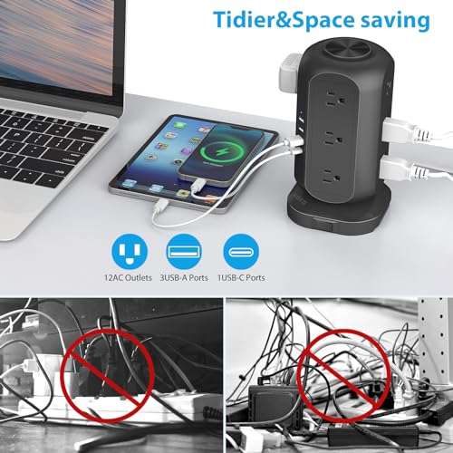 Extensión AOFO A316 Torre con 12 tomas AC y 4 puertos USB 15 pies con protección contra sobrecarga miniatura 3
