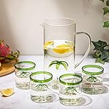Palm Tree Pitcher & 4 Glasses Set Decanter with 4 Glasses 9oz by The Wine Savant - Elegant Glass Set, Great for Water Iced Tea, Sangria, Lemonade, and More! 1300ml 9' H