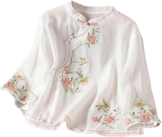 Women's National Style Spring Summer Cotton Linen Shirt Embroidered Retro Asymmetrical Frog Button 3/4 Sleeve Top