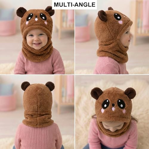 Image of Kraptick Winter Kids Monkey Cap - Cute Panda Plush Balaclava Hat with Neck Warmer Scarf Soft Woolen Fleece Lined Windproof Earflap Hood for Babies -3