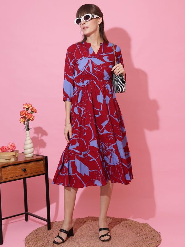 Image of Sheetal Associates Women's Casual 3 /4 Sleeve Crepe Fit and Flare Dress| Comfortable Relaxed Fit Summer Party Dress