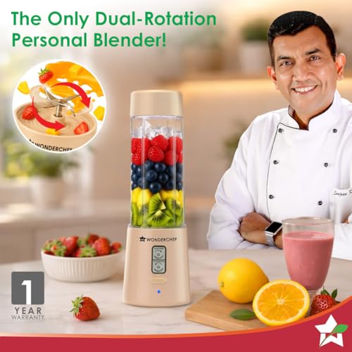 Image of Wonderchef Twister Portable Blender, 500ml, Dual-rotation Stainless-steel Blades, For Crushing Ice, Smoothies, Shakes, Salad Dressings, For Backpacks /Office Bags, Type-c Charge, 1-Yr Warranty, Coffee