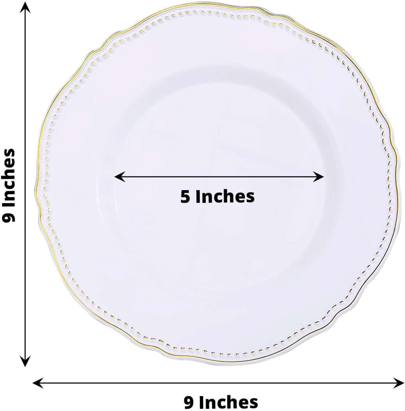 Efavormart 10-Pack 9" White Plastic Dinner Plates with Gold Scalloped Rim, Heavy-Duty Disposable Party Plates for Traditional Weddings and Bridal Showers
