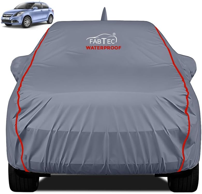 FABTEC Waterproof Premium Car Cover for Maruti Dzire (2012-16) with Mirror and Antenna Pocket Super Waterproof Car Body Cover Heavy Duty Durable Peva Grey with Red Piping