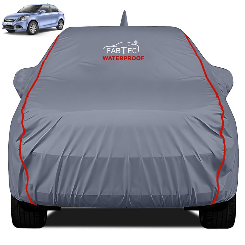 FABTEC Waterproof Premium Car Cover for Maruti Dzire (2012-16) with Mirror and Antenna Pocket Super Waterproof Car Body Cover Heavy Duty Durable Peva Grey with Red Piping