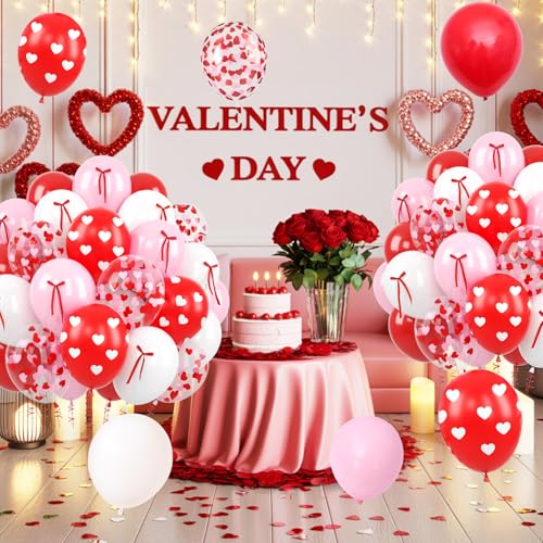 Image of 60 Pcs Pink and Red Balloons, 12 Inch Red Heart Printed Latex Balloon, Pastel Pink White Helium Balloons with Bow Ribbon, for Valentine's Day Wedding Anniversary Baby Shower Birthday Party Decoration