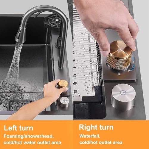 Image of COOTER Kitchen Sink 30x18x9 Inch Single Bowl Waterfall Sink Black Matt Finish 304 Grade Stainless Steel Sink for Kitchen Anti Scratch Smart Kitchen Sink Included Pull Down Faucet & Drain Basket