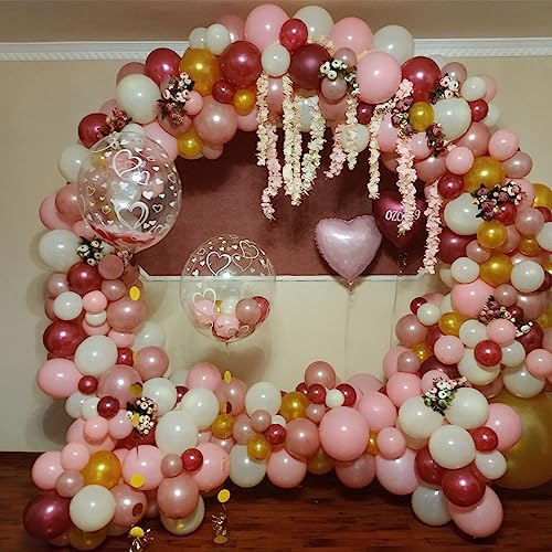 Image of Burgundy Red and Pink Balloons, 60 Pack 12in Rose Gold Wine Red Light Pink White Latex Balloon Metallic Rosegold Confetti Helium Party Balloons for Women Girls Birthday Wedding Anniversary Decorations