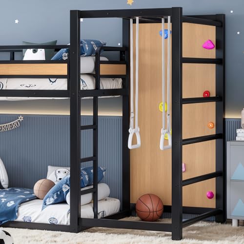 Image of Bellemave Twin XL Bunk Bed with Slide, Basketball Hoop & Climbing Wall, Heavy Duty Bunk Beds Twin XL with Guardrails, Low Bunk Bed for Bedrooms, No Box Spring Needed, Yellow