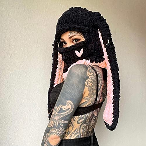 Women Girls 1-Hole Knit Crochet Balaclava Hat Face Mask 3D Funny Bunny Ears Sweater Beanie Hat With Scarf Headwear (Black Pink, One Size) #TOP1