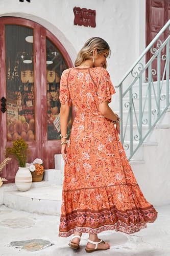 Image of R.Vivimos Women's Summer V Neck Maxi Dress Boho Floral Print Short Sleeve Elastic Waist Ruffle Patchwork A-Line Beach Dress