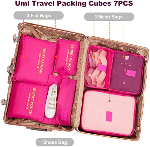 Amazon Brand - Umi Packing Cubes, 7PCS Packing Cubes for Suitcases, Travel Organiser Compression Packing Cubes, Travel Essentials Packing Cubes for Travel, Suitcase Organiser Bags (Pink)