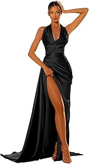 Women's V Neck Satin Prom Dresses Halter Formal Dress Ruched Bridesmaid Dresses Long Slit Wedding Guest Ball Gowns - Buy now