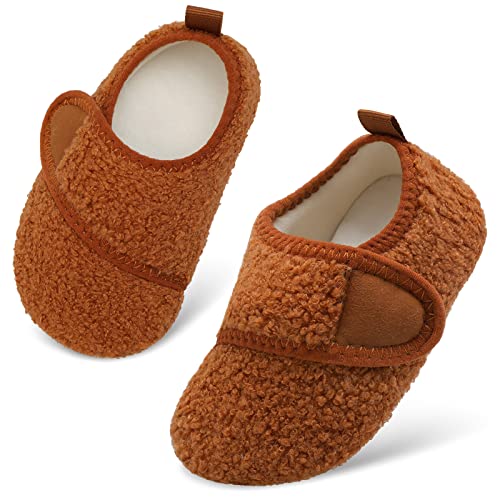 shopUAL Zapatillas de invierno cálidas para el hogar de los niños de las niñas zapatillas de interior zapatillas de velcro cómodas ligeras zapatos antideslizantes para niños, marrón, 19/20 EU