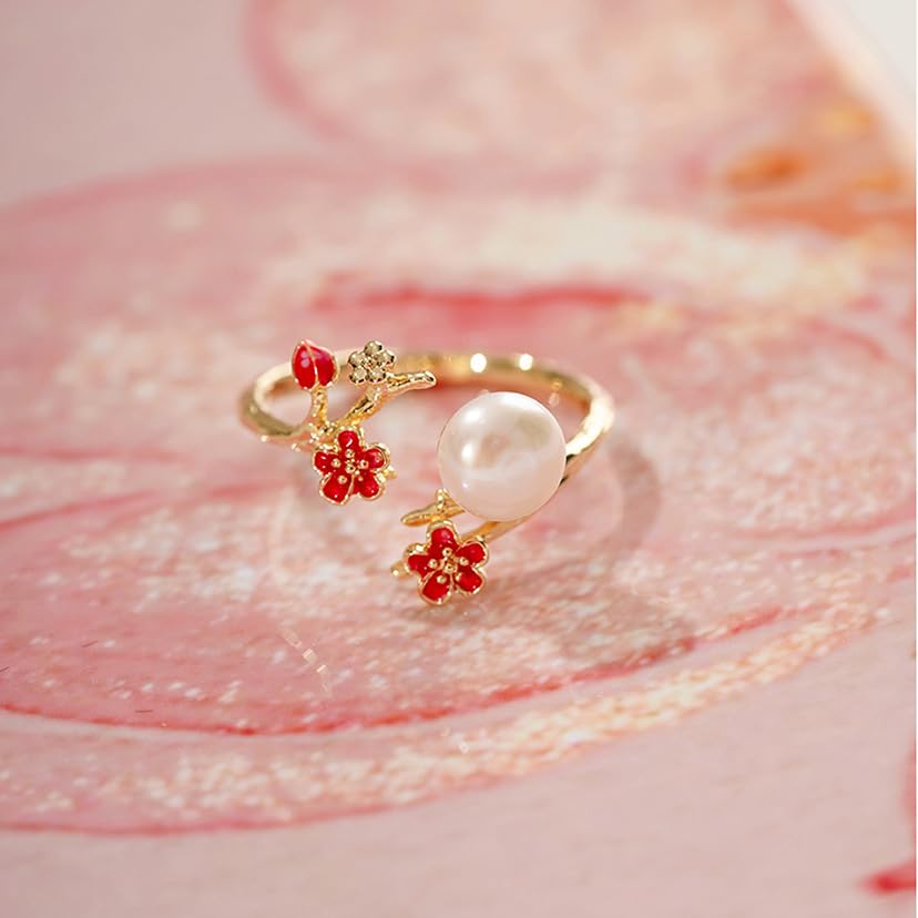 Red Plum Blossom Open Rings For Women Hypoallergenic Statement Adjustable Pearl Flower Wedding Engagement Finger Band Ring Comfort Fit Boho Birthday Valentine Day Jewelry Gifts For Her4