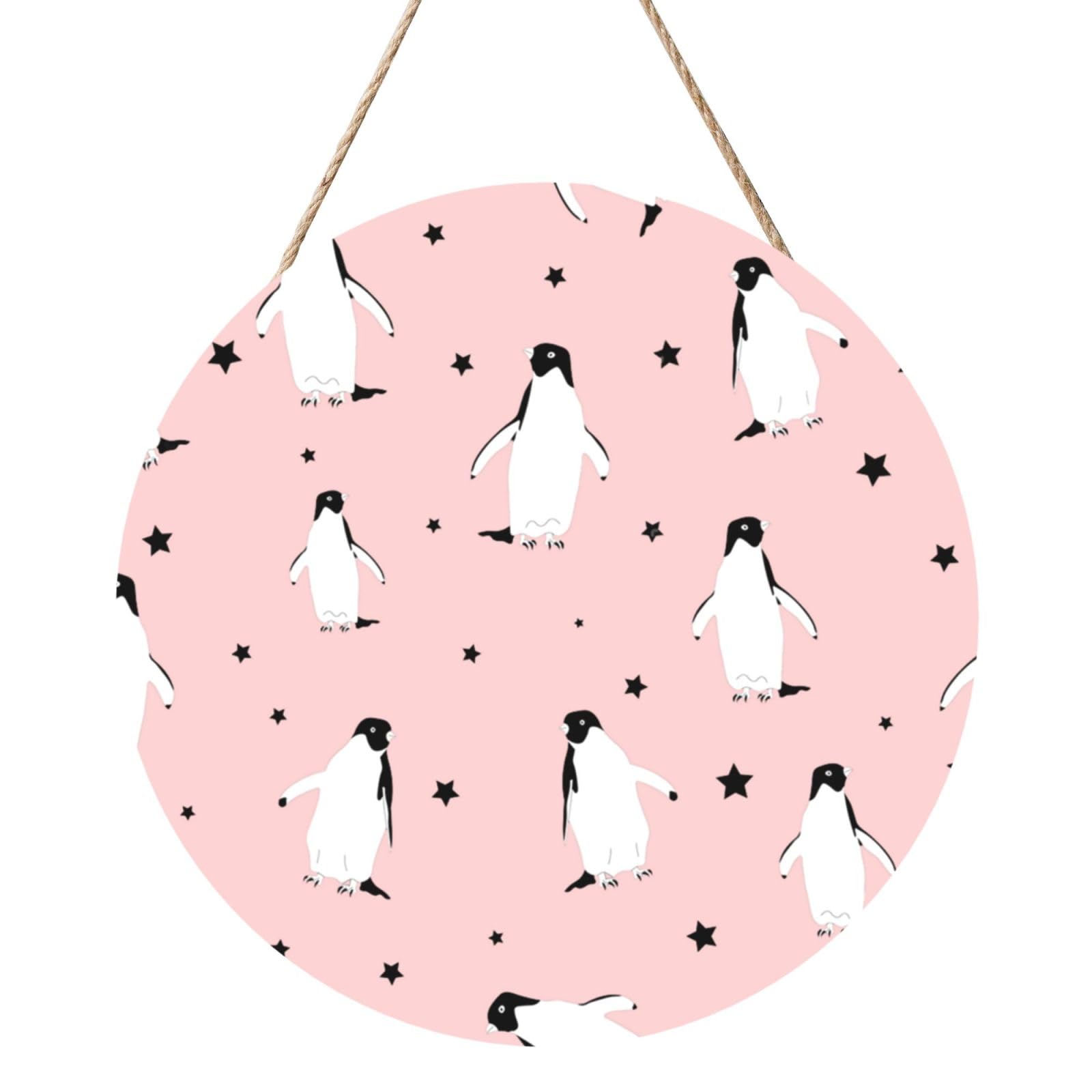 InOmak Penguins Stars Sea Bird, Round Wood Panel Painting 12 in, Wall Hanging Painting For Home