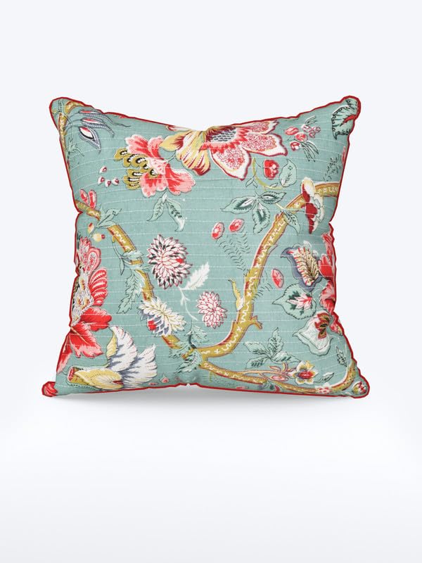 Image of Pure Cotton Quilted Cushion Cover 16x16 Inch | Anokhi Print Decorative Throw Pillow Cover | Soft Cotton Sofa Cushion Cover with Hidden Zipper | Living Room Bedroom Home Decor