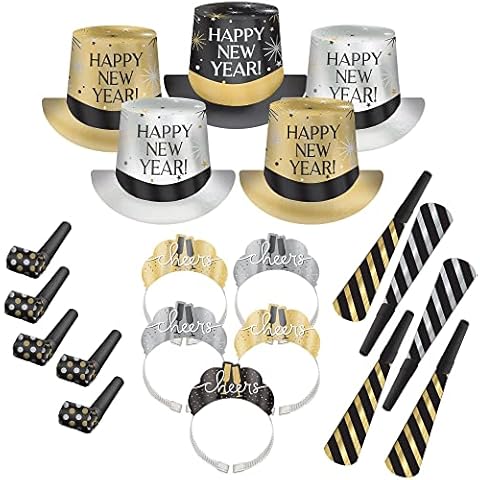 Amscan Party City New Year’s Eve 2025 Wearables and Noisemakers for 10 Guests, Party Supplies, Black, Gold and Silver, 20 Piece Cover