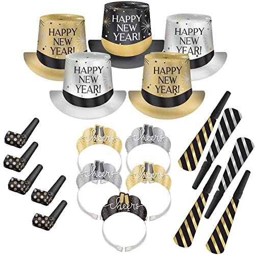 Amscan Party City New Year’s Eve Wearables and Noisemakers for 10 Guests, Party Supplies, Black, Gold and Silver, 20 Piece