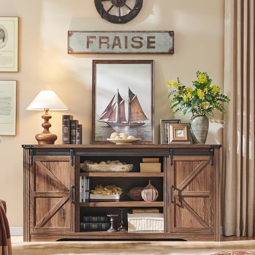 Image of Farmhouse 66 inchTV Stand for 75+ Inch TV, With 4 Drawers & Sliding Barn Door | 32 inch Tall Entertainment Center, Rustic Media Console w /Storage Shelves, 66 inch Wood Television Stand for Living Room, Brown